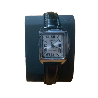 Casio Woman Rectangular Leather Strap, Silver Roman Dail Dress Watch